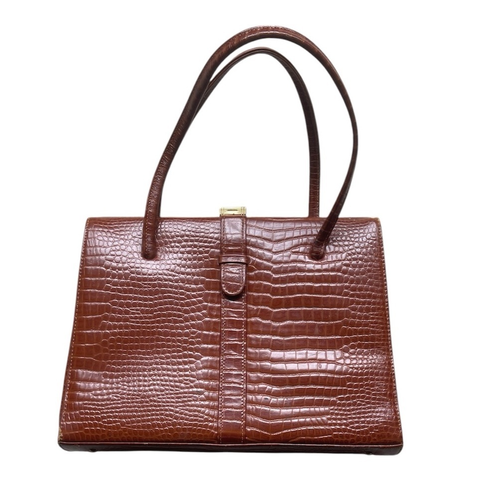 Vintage Brown Croc-Embossed Structured Leather Handbag with Gold Clasp